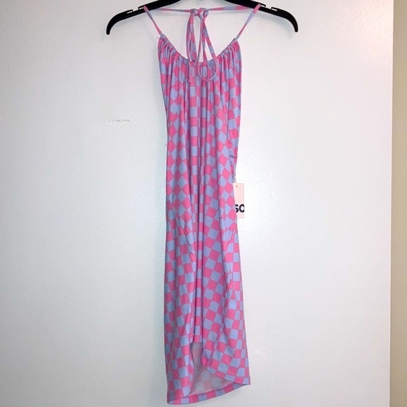 NWT!!👗Juniors XL Bodycon Cross Rib Halter Mini Pink/Blue Checkered Dress - Picture 4 of 7